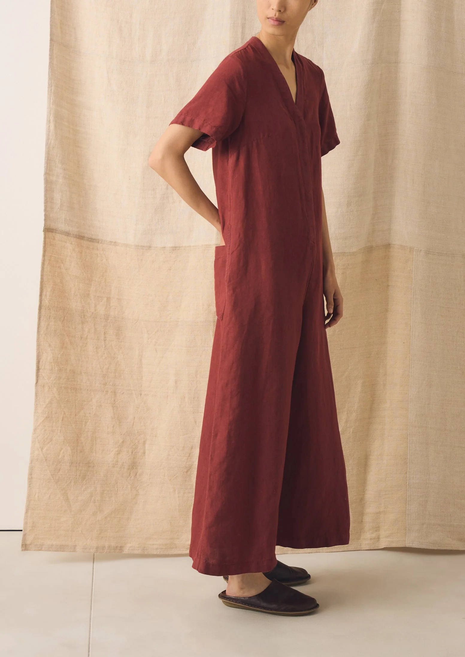 V Neck Garment Dyed Linen Jumpsuit | Tomato Red - Image 2