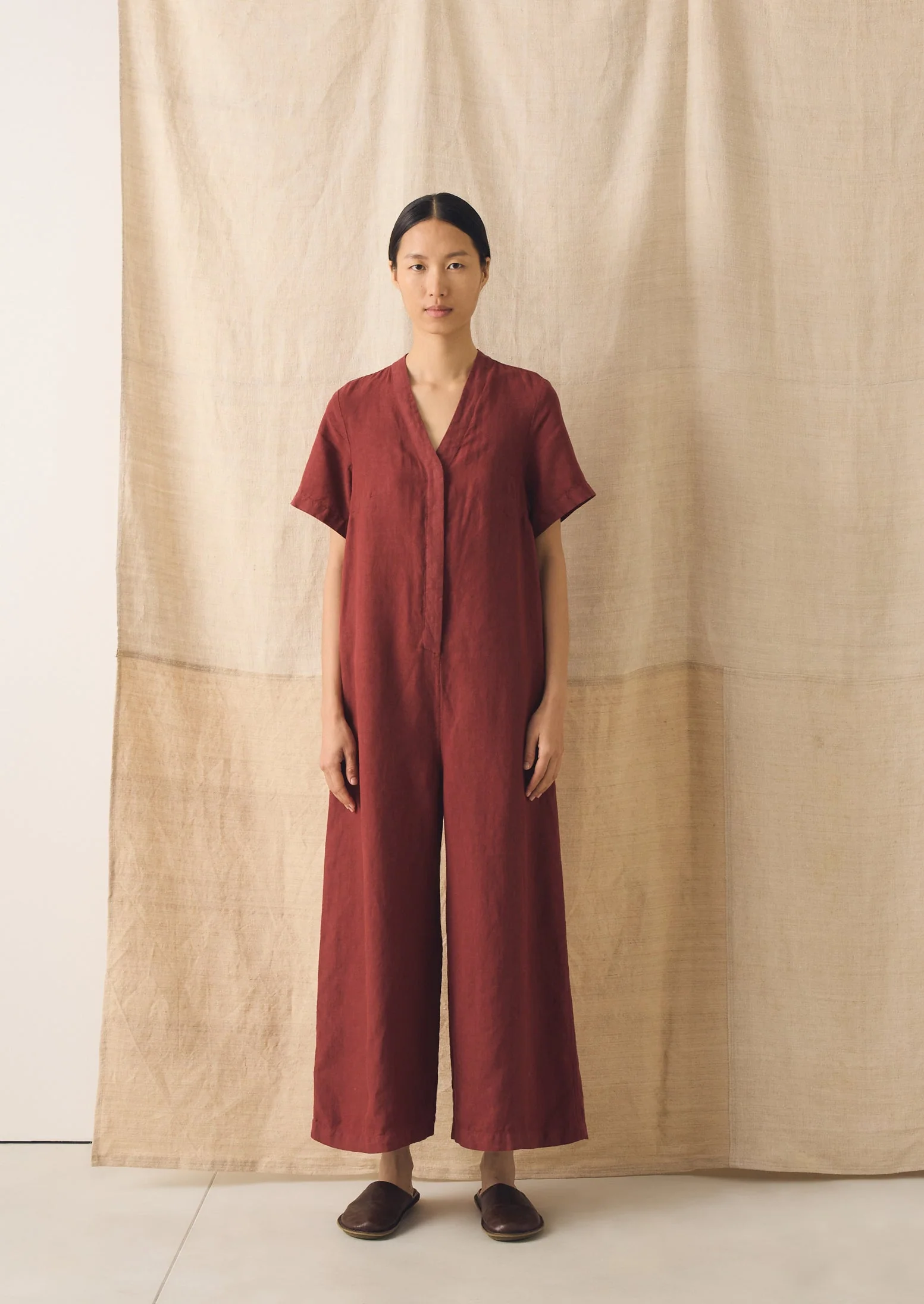 V Neck Garment Dyed Linen Jumpsuit | Tomato Red - Image 3