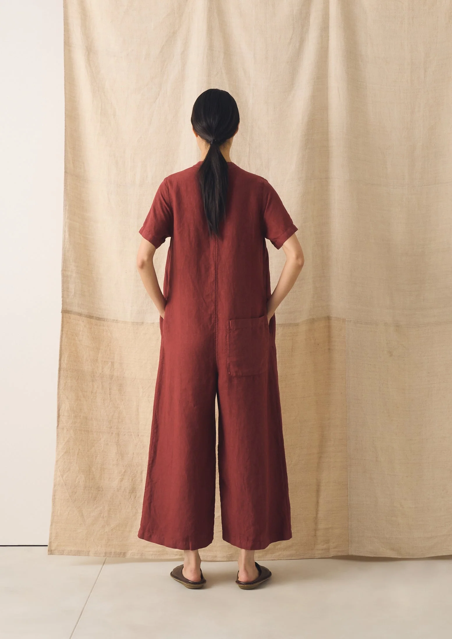 V Neck Garment Dyed Linen Jumpsuit | Tomato Red - Image 4